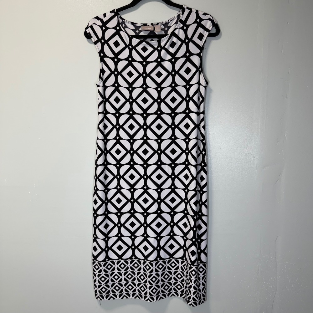 Chicos Geometric Tile‎ Print Sleeveless Shift Dress Black White Size 0, US Small
